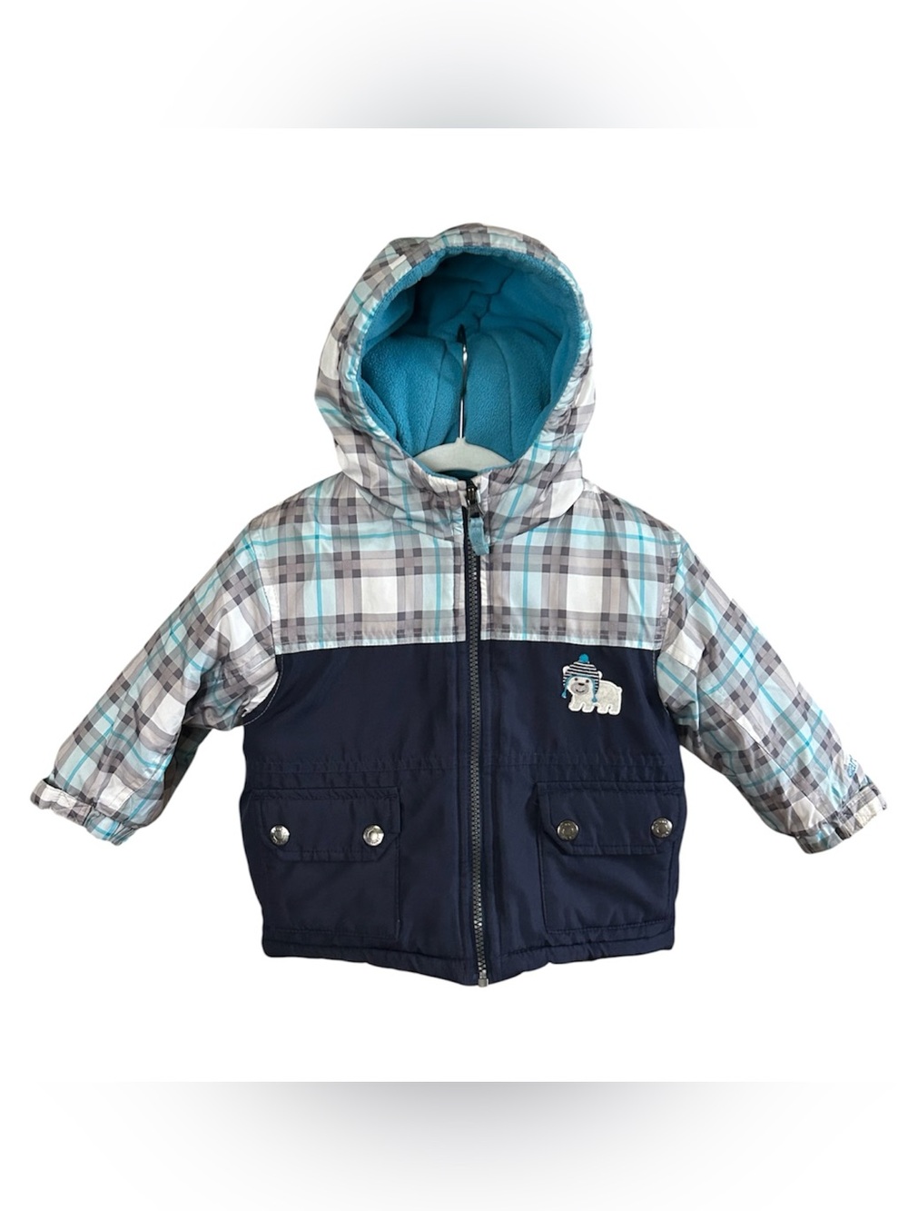 Carter’s Baby Polar Bear Winter Jacket Plaid Navy Fleece Lined Hooded 18M